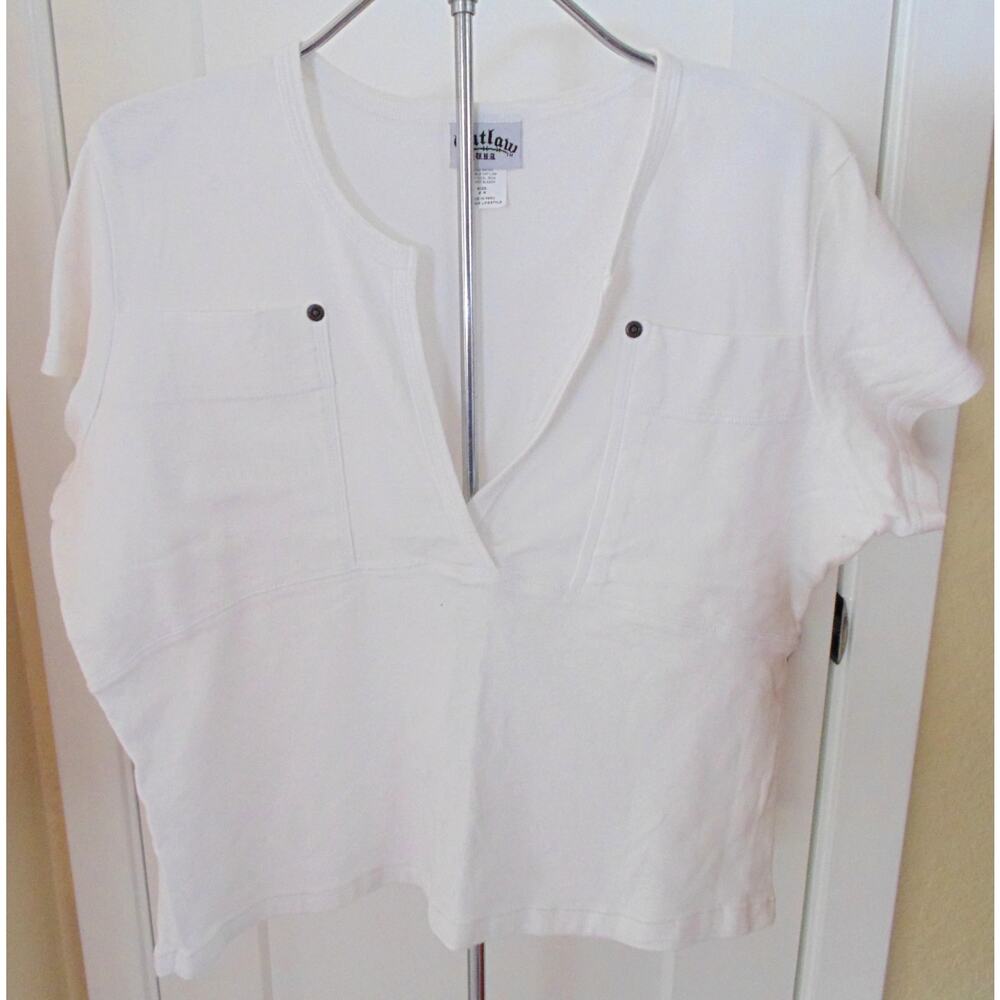 Vtg 80s Babydoll Empire White Crop Top Fitted Stud Chest Pockets Sexy 2X T Shirt